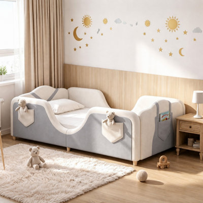 Lit pour tout-petits, lit pour enfants Montessori, 6 poches de rangement, barrières de sécurité, gris