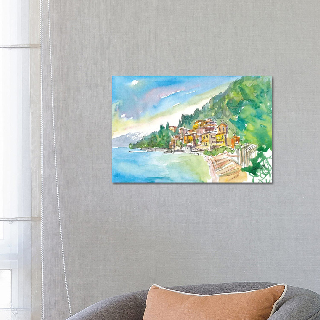 Romantic Varenna Lago Di Como Italian Lakeside Village With Mountain View by Markus & Martina Bleichner - Wrapped Canvas Print