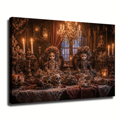 Poupées victoriennes rétro au goûter d'Halloween gothique avec crânes et bougies, art mural sur toile pour décoration de chambre foncée