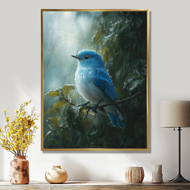«Bluebird In The Forest Rain I», reproduction d'art sur toile, Impression encadrée flottante, H 32 po x l 16 po, Doré