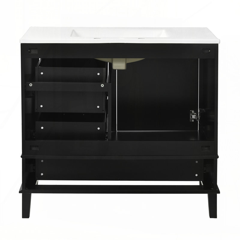 36" Bathroom Vanity with Solid Pine Frame, 1 Soft Close Door and 3 Drawers , Modern Storage Cabinet, Black