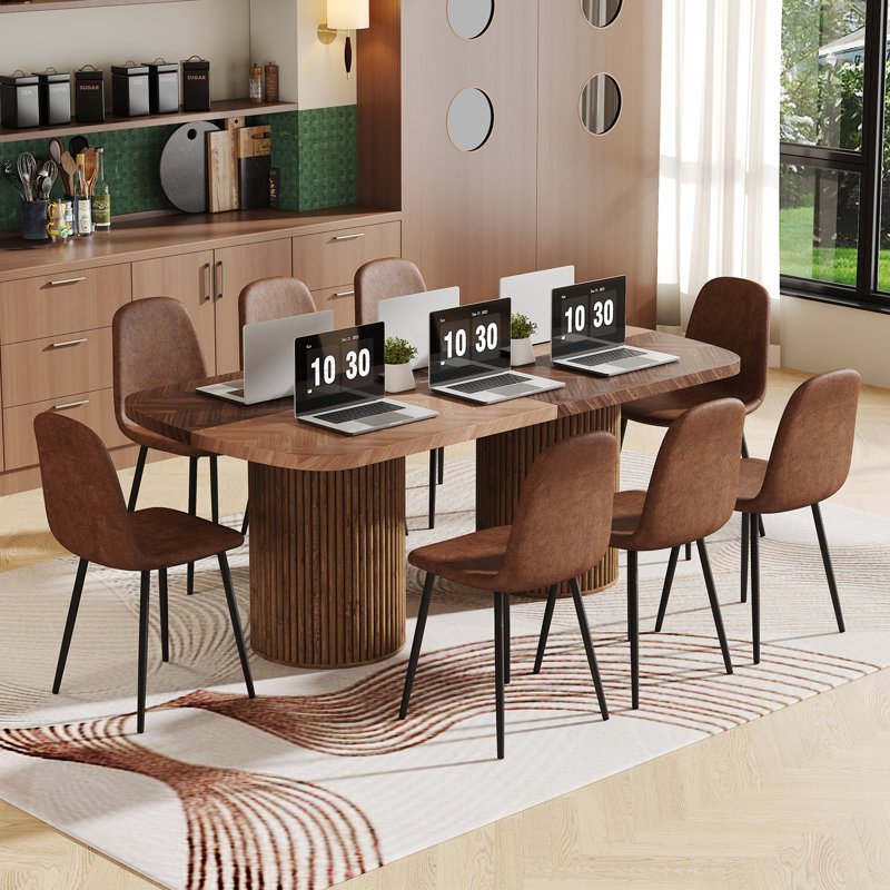 Ensemble de table de salle à manger 79 po, Brun, Bois naturel / bois brun, 9 pièces : table, 8 chaises
