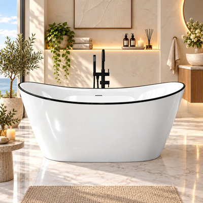 Baignoire îlot double sabot de 140 cm (55 po) en acrylique, blanc brillant, baignoire profonde avec élégante bordure noire, bonde centrale, design ergonomique incurvé pour salle de bain moderne