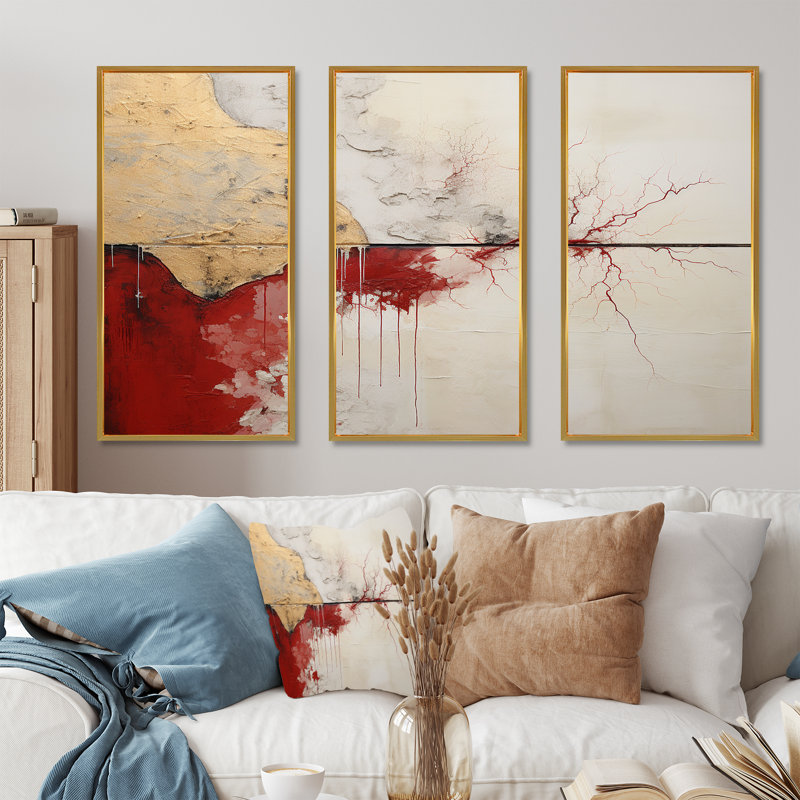 Minimalisme, horizon rouge et or, ensemble d'art mural sur toile abstraite, Cadre flottant doré, H 40 po x l 60 po x P 1 po