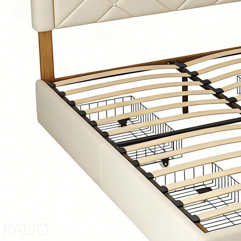 King Size Bed Frame High Headboard Upholstered Platform Bed, Retro Simple Style Platform Bed No Box Spring Needed, Easy Assembly, Ivory