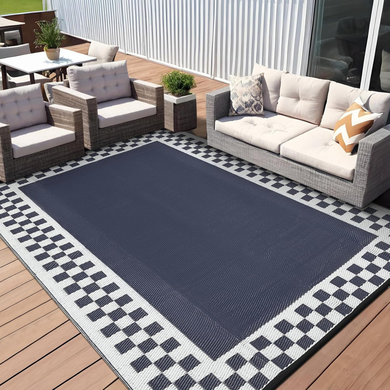 Waterproof Reversible Outdoor Rug 8x10ft – Plastic Straw Patio Carpet, Modern Geometric, Collapsible with Carry Bag, Easy Clean, UV Resistant, Portable for Backyard, Deck, Camping, Balcony, USA