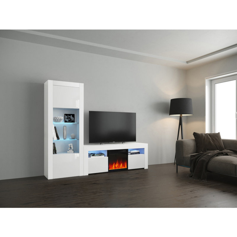Meuble audio-vidéo Earle pour téléviseur de 65 po ou moins avec foyer électrique Earle, Blanc