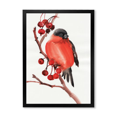 Bouvreuil rouge sur une branche avec des baies - Peinture sur toile