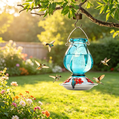 Glass Hummingbird Feeder for Outdoors Hanging with Ant Moat, Leak Proof, Easy to Refill and Clean, Weatherproof, Attractive Garden Decor, Gift for Bird Lovers