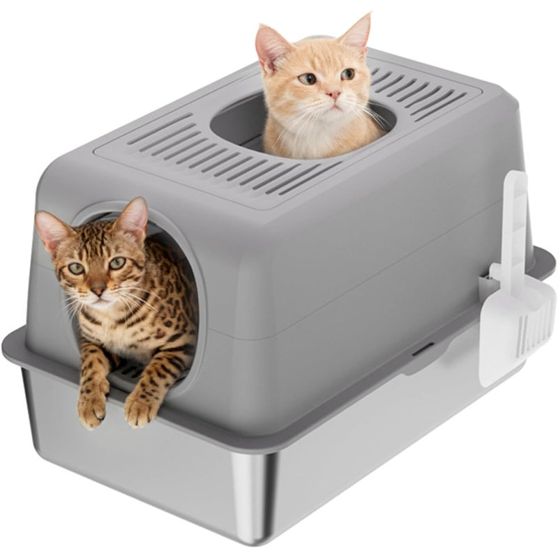 Stainless Steel Litter Box Extra Large Litter Boxes for Big Cats Metal Cat Box with Lid Anti-Urine Leakage XL Boxes with High Sides Easy Clean Non-Sticky Scoop Included