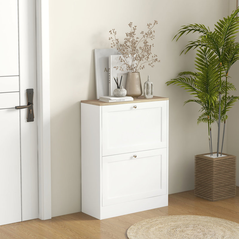 Entryway Shoe Storage - White, 2 Flip Drawers & Adjustable Shelves For 12 Pairs Of Shoes, Modern Style Slim Cabinet Drawers, Shelves, Accommodates Pairs, White Elegant