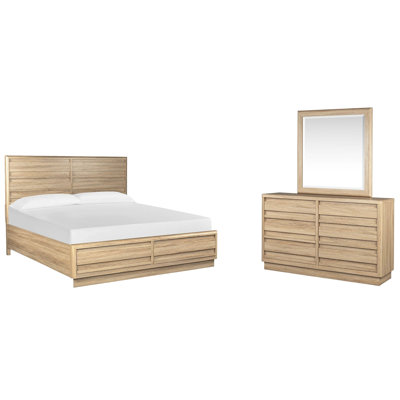 Grand lit à panneau de rangement et commode double avec miroir Portrait Headen
