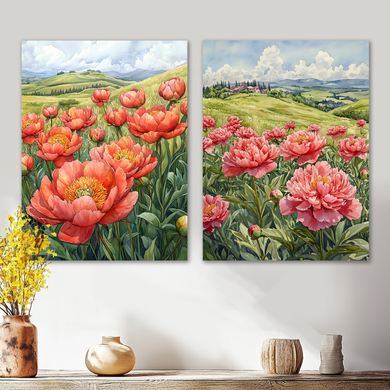 Pivoines dans la prairie roulante I - Jardin, ensemble de 2 décorations murales en métal, 32" H x 48" W