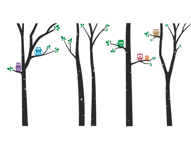 Décalcomanie murale arbres bouleau hibou, Noir