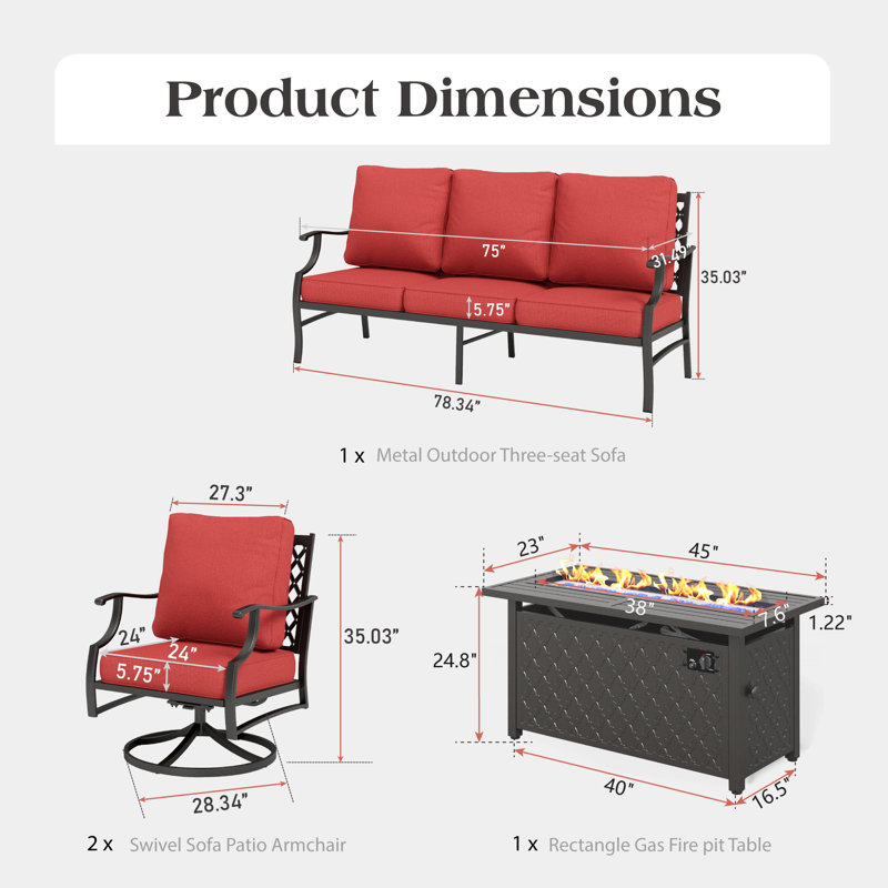 Asfand 5 - Person Patio Conversation Set with Swivel Lounge Chairs & Firepit Table, Red