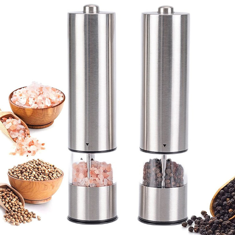 Salt And Pepper Grinder Set Of 2, Pepper Mill Stainless Steel Salt Shaker  Push-button Manual Glass