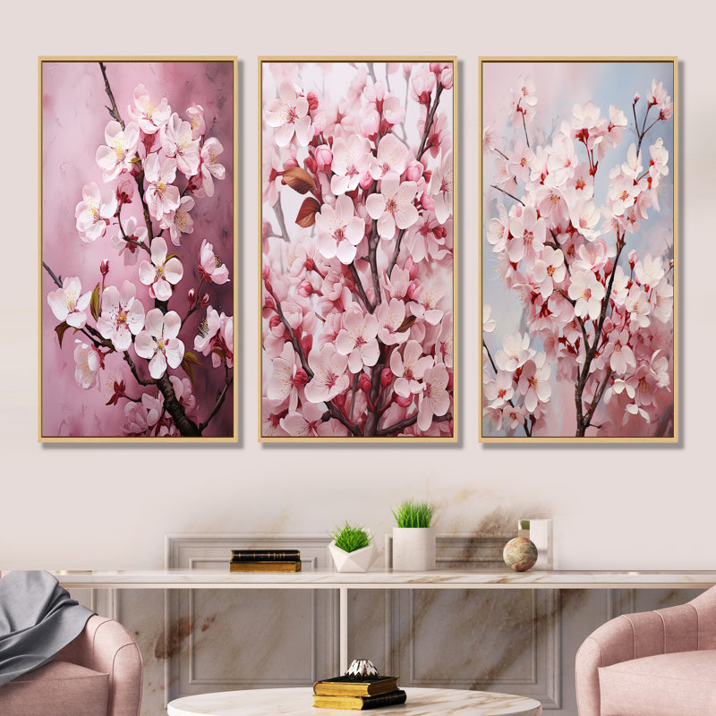 Goforth - Ensemble de 3 décorations murales cerisier en fleurs, H 28 po x l 36 po, Cadre flottant brun