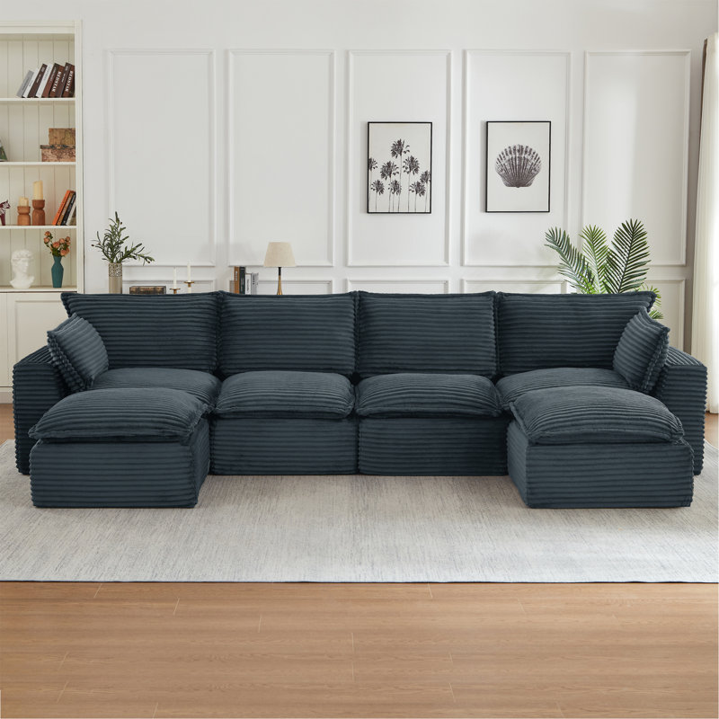 Cloud Sectional Couches For Living Room, Convertible U-Shape Couch With Ottoman, Dark Blue