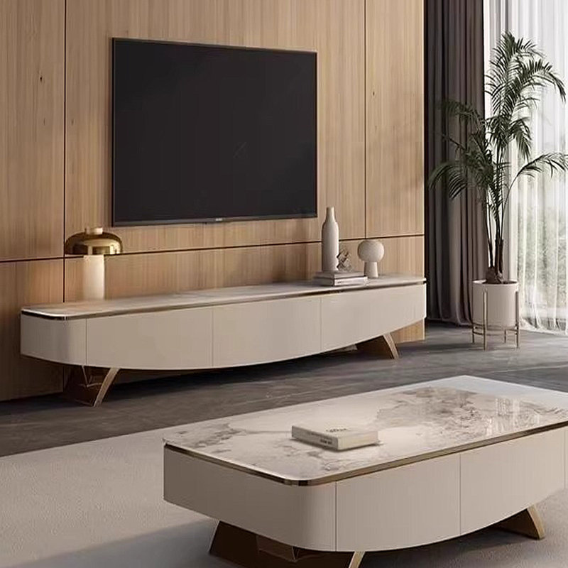 Meuble télé moderne et minimaliste, 86.61", Blanc / Doré
