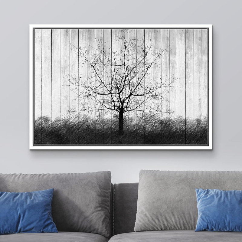 Arbre à panneaux noir et blanc à motif de silhouette de bois de style neutre rustique et relaxant, Cadre blanc