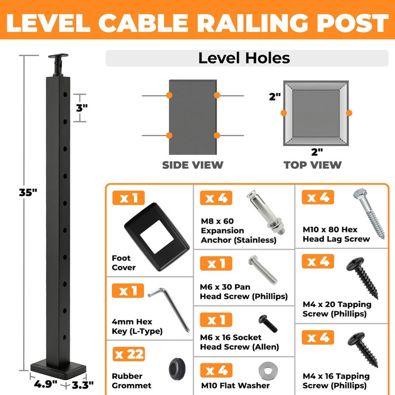 Cable Railing Level Post, Horizontal Drilled Deck Cable Railing Post For Deck & Stair Railing System, Matte Black Finish