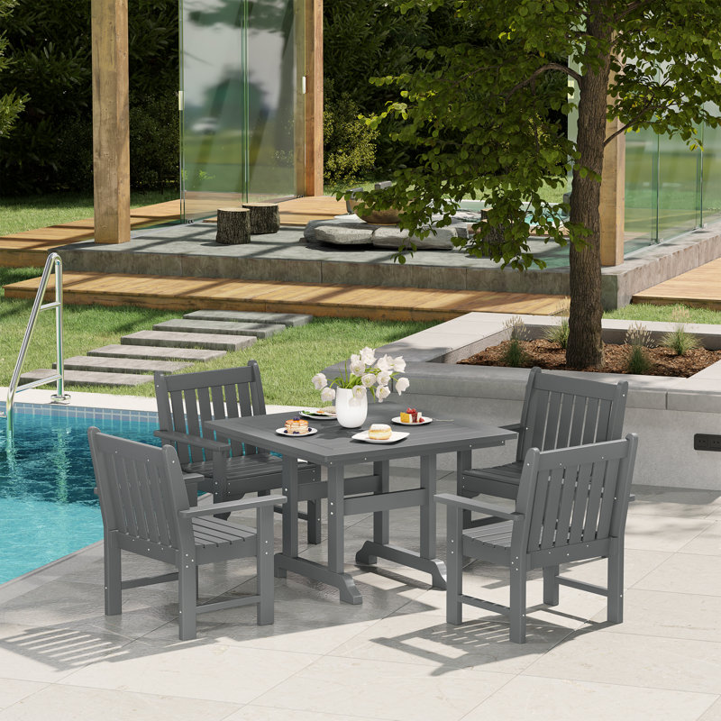 Laguna Poly 5-Piece Square Table Garden Arm Chair Dining Set, Gray