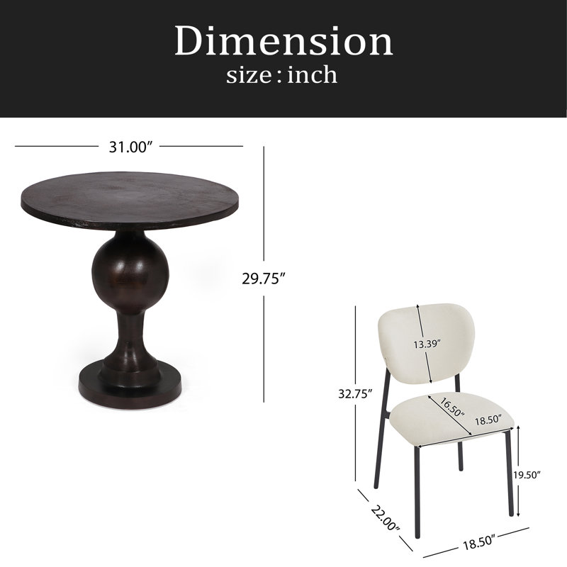Ensemble de salle à manger 3 pièces, chaises rembourrées avec pieds en métal (ensemble de 2) + table de salle à manger ronde