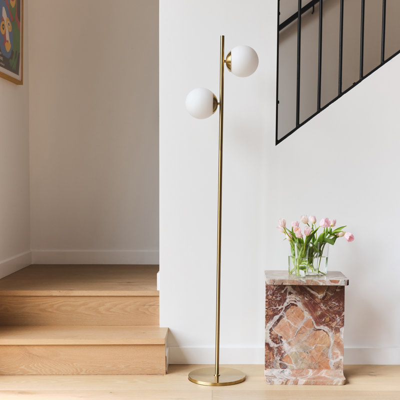 Sphere 65 in. Modern LED Energy-Efficient Floor Lamp in Brass Finish with 2 Glass Globe Shades