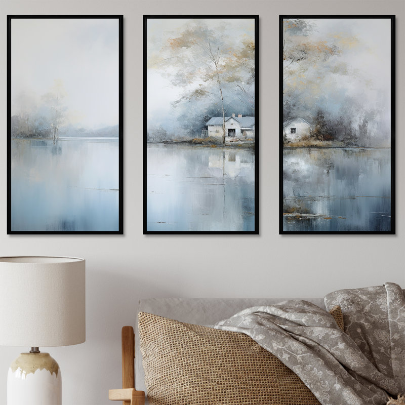 Ensemble d'art sur toile Lakeside House Serenity - Lakes Lakehouse, Cadre flottant noir, H 40 po x l 60 po x P 1 po