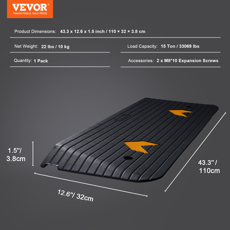 VEVOR Rubber Threshold Ramp, 1.5" H x 12.6" W x 43.3" L