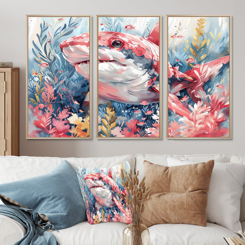 Pink Grey Hunting Shark Watercolor I - Sharkwall Art Wall Art Living Room Set, 32" H x 16" W x 1" D