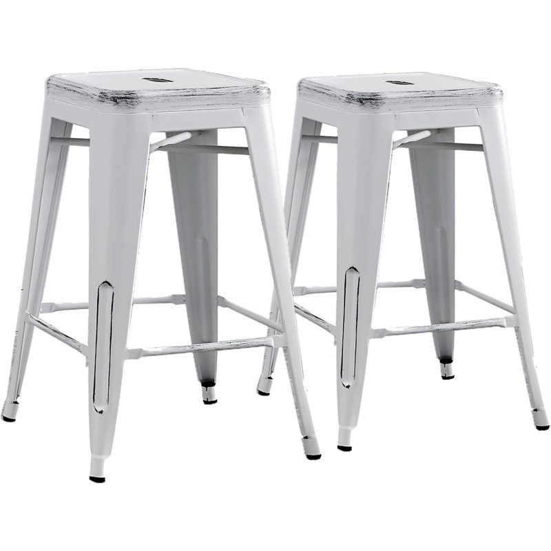 Ensemble de 2 tabourets de bar en métal sans dossier avec 4 pieds, Blanc antique