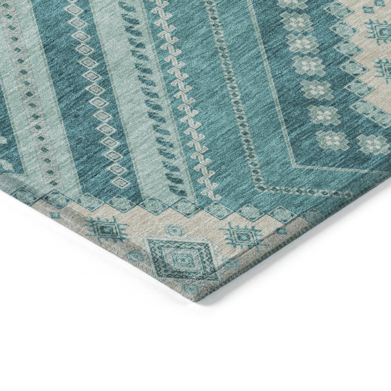 HomeRoots 3' X 5' Teal Blue Tribal Washable Indoor Outdoor Area Rug
