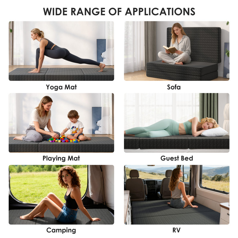 6'' Gel Memory Foam Mattress Twin Size, Portable Tri-folding Mattress With Washable Cover, Black, Twin, 6"