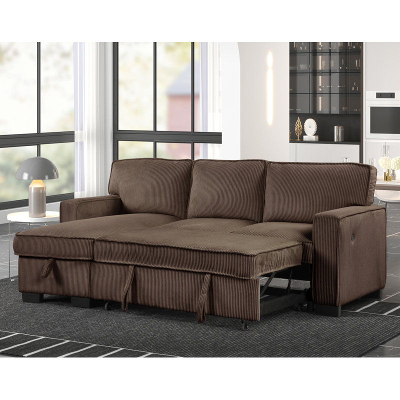 Clifford ariz Upholstered Corduroy Pull Out Reversible Sleeper Sofa bed & Storage Chaise, Brown Corduroy