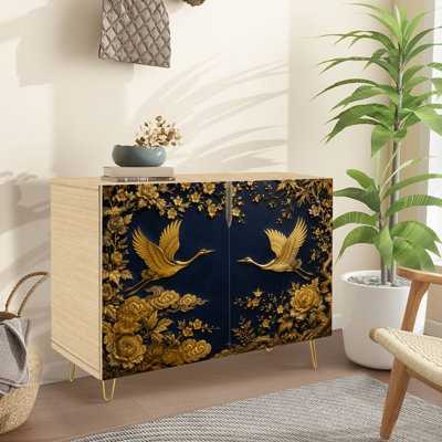 Buffet étroit de 35,4 po de largeur - armoire de rangement décorative 2 portes avec ornement floral Golden Crane Birds, impression rétro bleue chinoise et pieds en métal