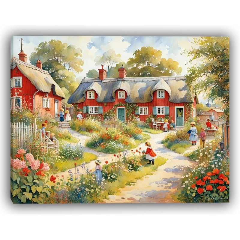 Art sur toile tendue «Red toit village», H 12 pi x l 16 pi