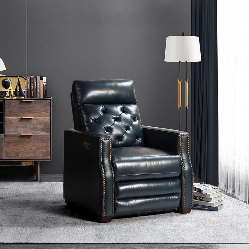 Gumesindo 31.50" Wide Genuine Leather Power Recliner, Navy Genuine Leather