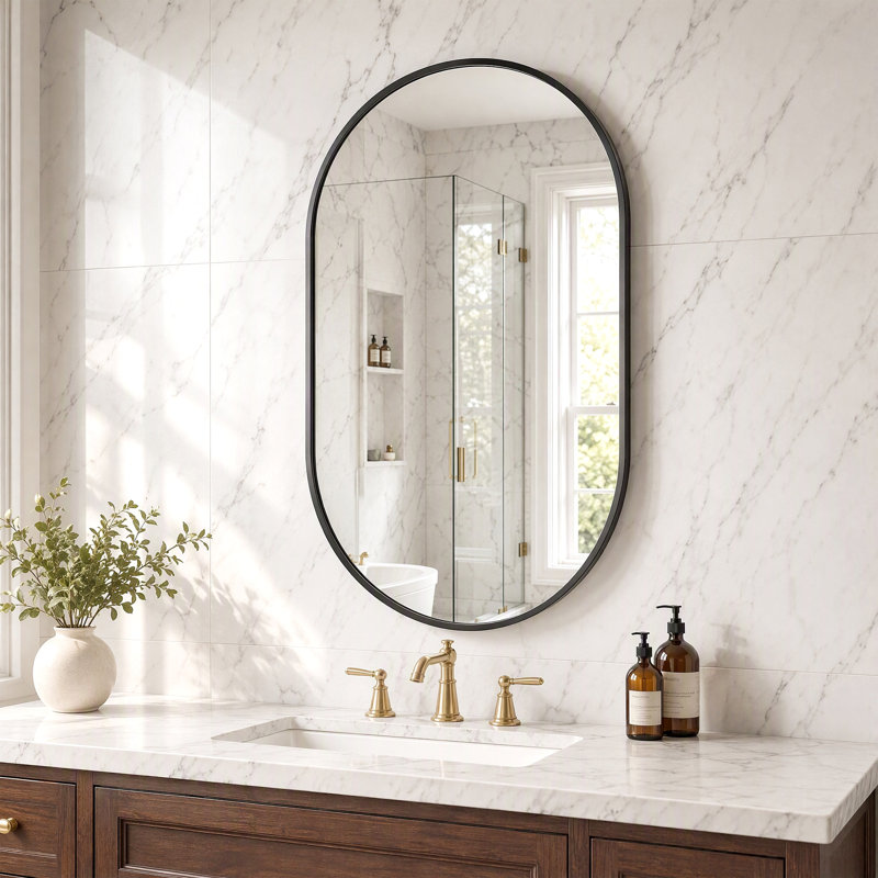 Miroir mural ovale pour salle de bain avec verre trempé et cadre en aluminium, 24*36, Noir