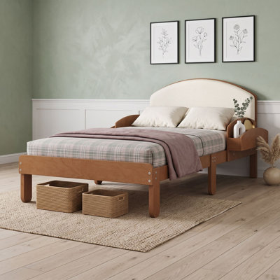 Lit plateforme en bois avec tête de lit tapissier et tablettes de rangement latérales