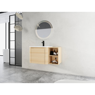 Meuble-lavabo mural 36 po avec lavabo en céramique blanche, petites tablettes de rangement et 1 porte à fermeture en douceur, contreplaqué avec charnières de fermeture, 45 poignées à bord incliné