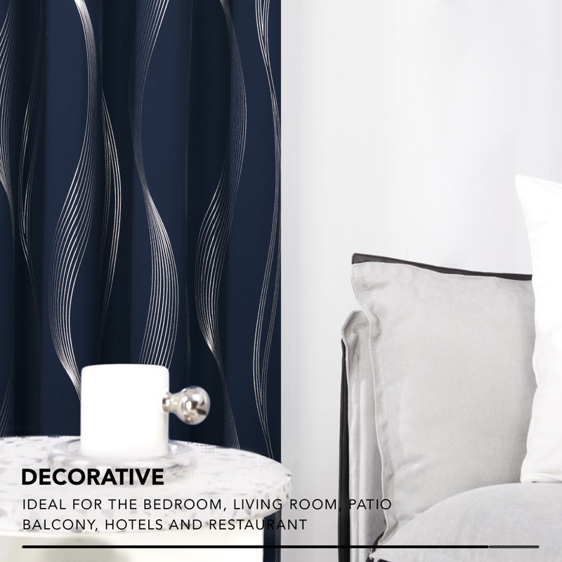 Spurgh Sliver Wave Foil Print Blackout Thermal Grommet Curtain Panels (Set of 2), 42" W x 90" L, Navy Blue