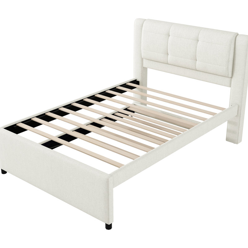 Lit plateforme double rembourré beige avec lit gigogne, pieds stables, pas de sommier tapissier, couleur de pin et tête de lit confortable