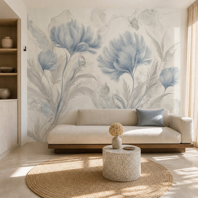 Papier peint aquarelle fleurs bleues botaniques amovibles