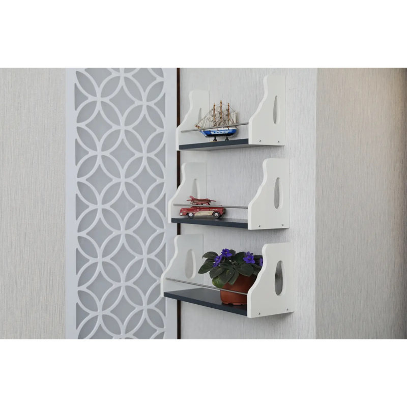 3 Piece Oak Floating Shelf, White/Blue