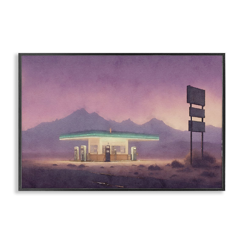  Art de la station service dans le désert, estampe numérique par Noah Bay, H 12 po x l 18 po, Giclée encadrée noir minuit