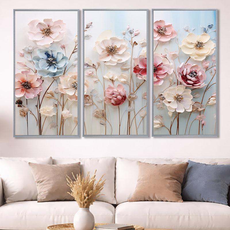Blanc et rose, merveille florale - art mural floral, H 40 po x l 60 po x P 1 po, Cadre argenté flottant