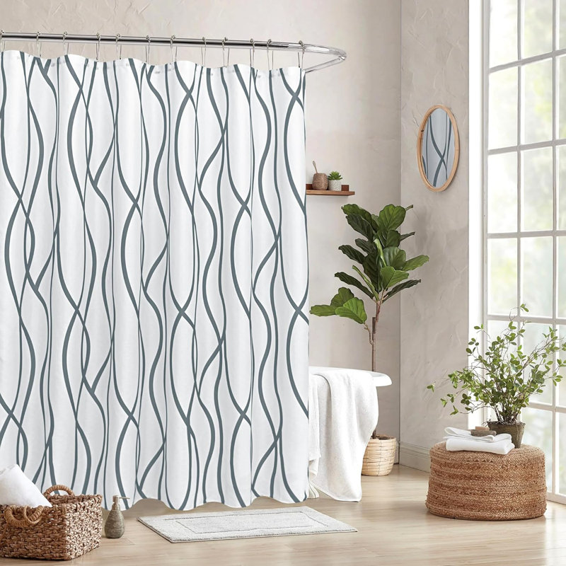 Très long rideau de douche en tissu texturé - conception moderne en lin rayé, qualité hôtelière luxueuse, lavable à la machine, convient aux baignoires et douches standard
