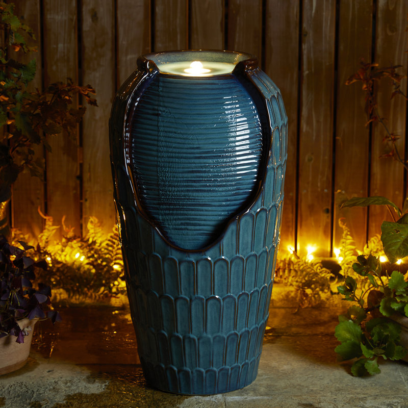 28.25"H Oversized Petals Textured Ceramic Jar Outdoor Floor Fountain With Pump And LED Light (KD), Blue