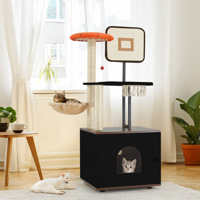Arbre à chat 50 po, bac à litière pour chat, tour à chat 2 en 1, maisonnette pour chat avec poteaux à griffer pour chats d'intérieur